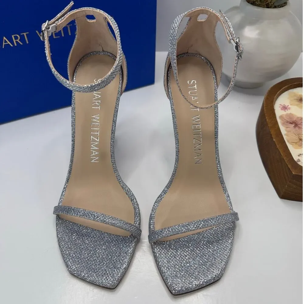 Stuart Weitzman Nudistcurve 100Sanda Ankle Strap Sandal Silver Women's 9.5B